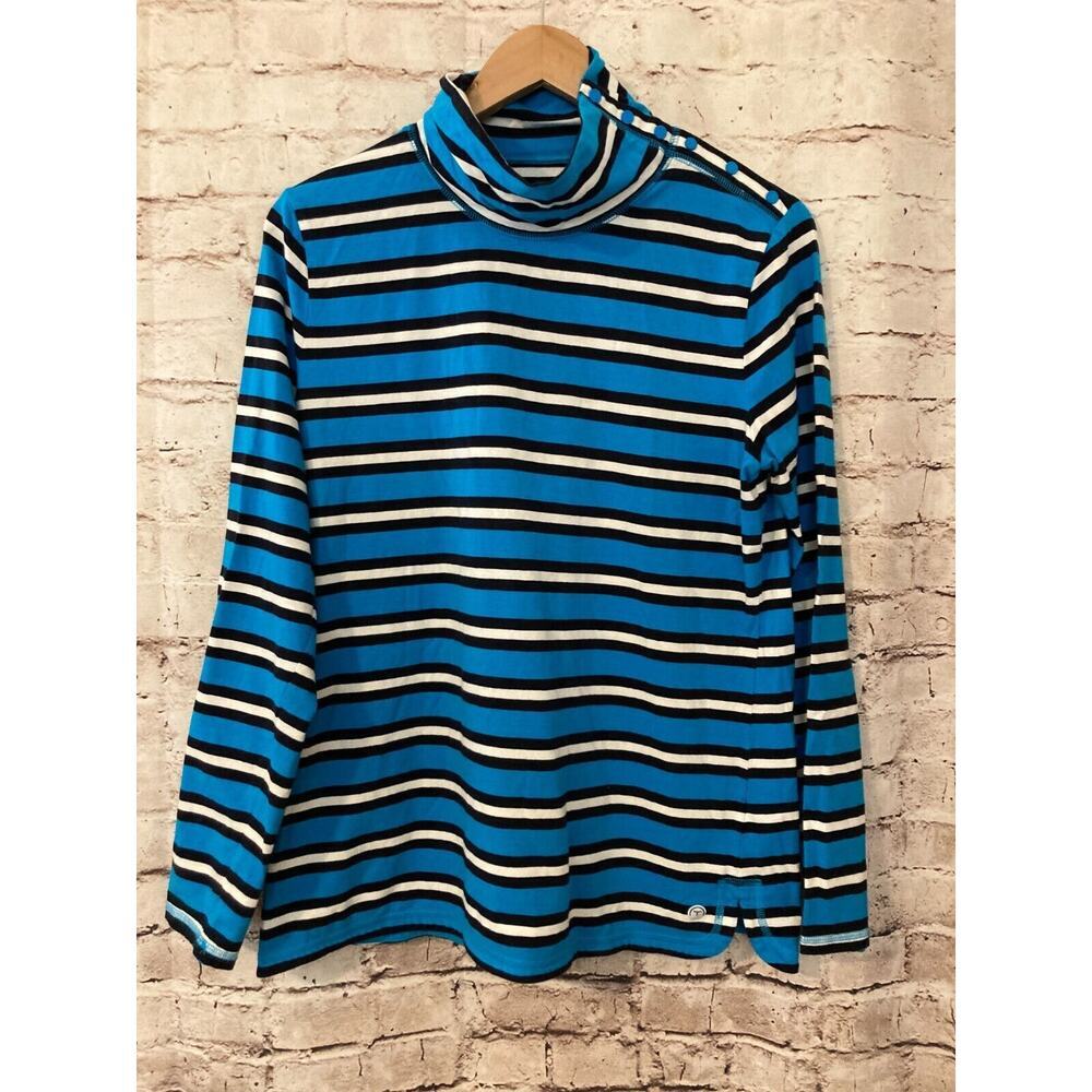 T By Talbots Top Womens Large Turquoise Striped Snap‎ Mock Neck Stretch Cotton